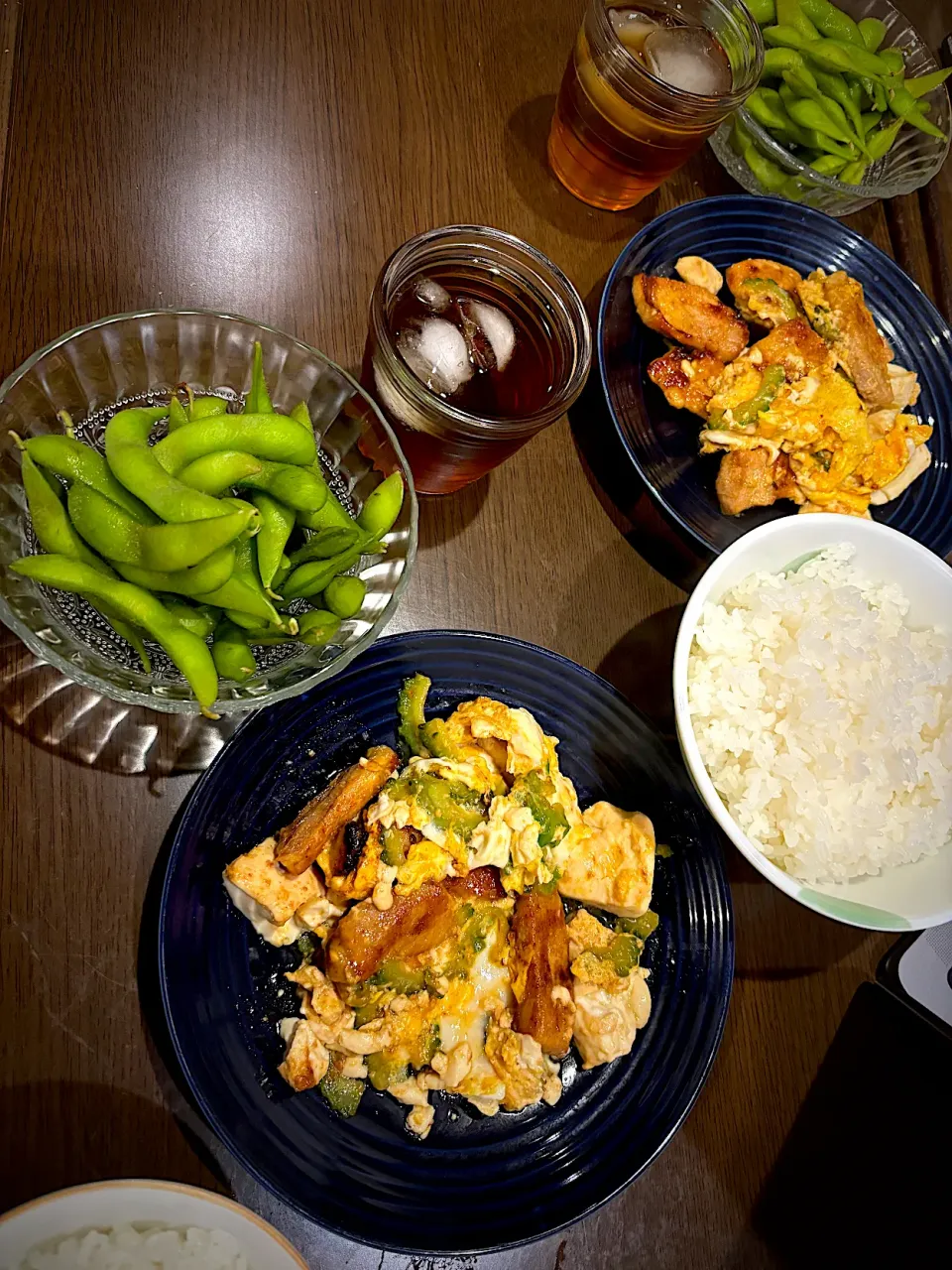 Snapdishの料理写真:味噌漬け豚肉と豆腐ののゴーヤチャンプルー　塩枝豆　麦茶|ch＊K*∀o(^^*)♪さん