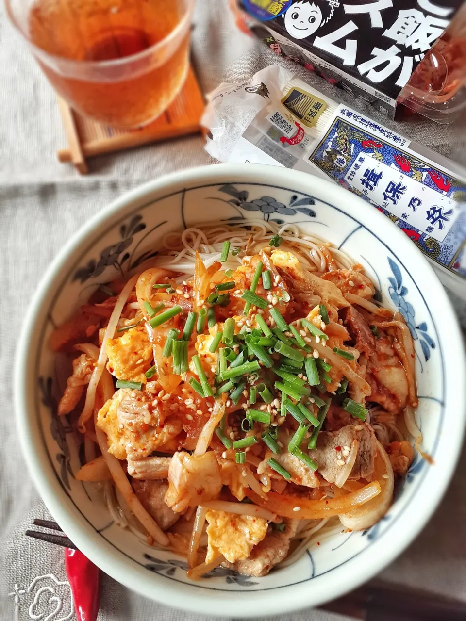 豚キムチ&フワフワ卵のせぶっかけ素麺|fumfumさん