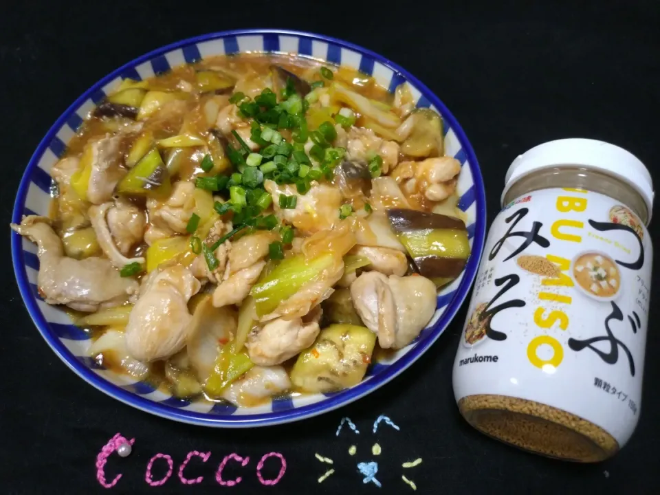 Snapdishの料理写真:鶏肩肉となすと白ネギのピリ辛味噌󠄀炒め✨|cocco+さん