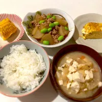 Snapdishの料理写真:大根と挽肉の煮物と豆腐汁|さぁやさん