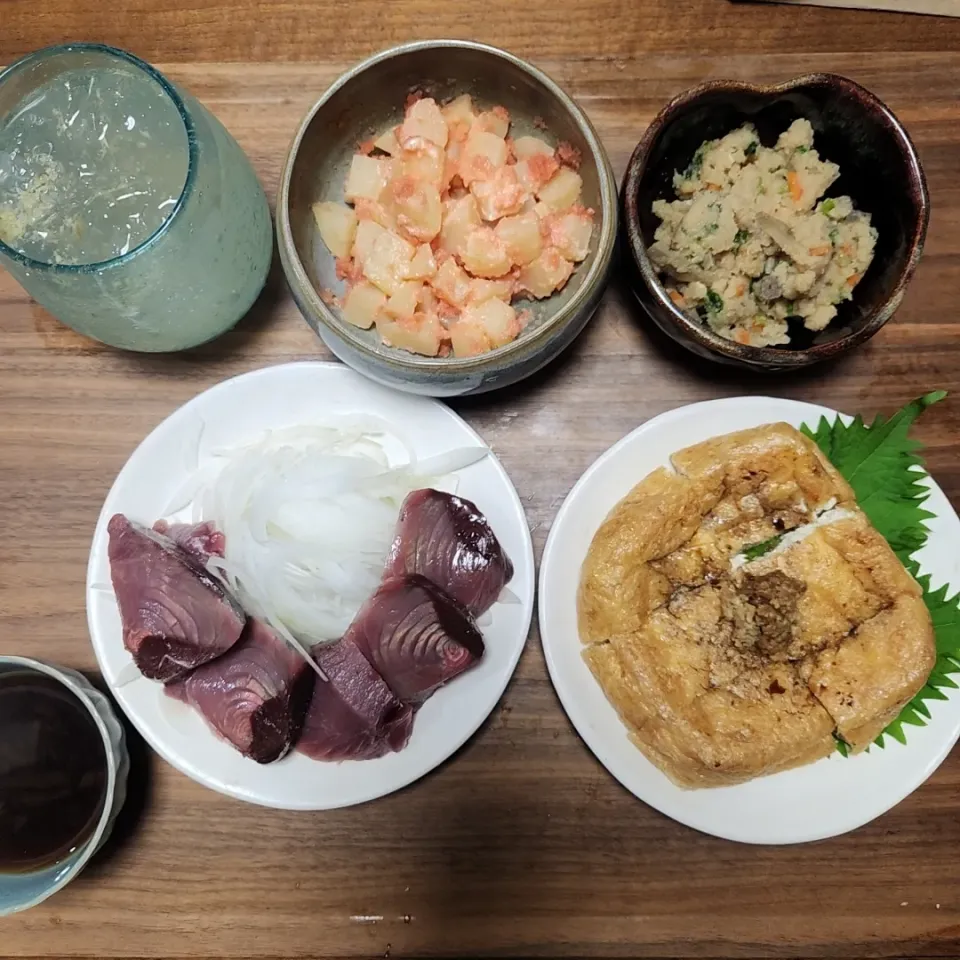 20240802
鰹のお刺身
焼き油揚げ
タラモサラダ
卯の花|noccoさん