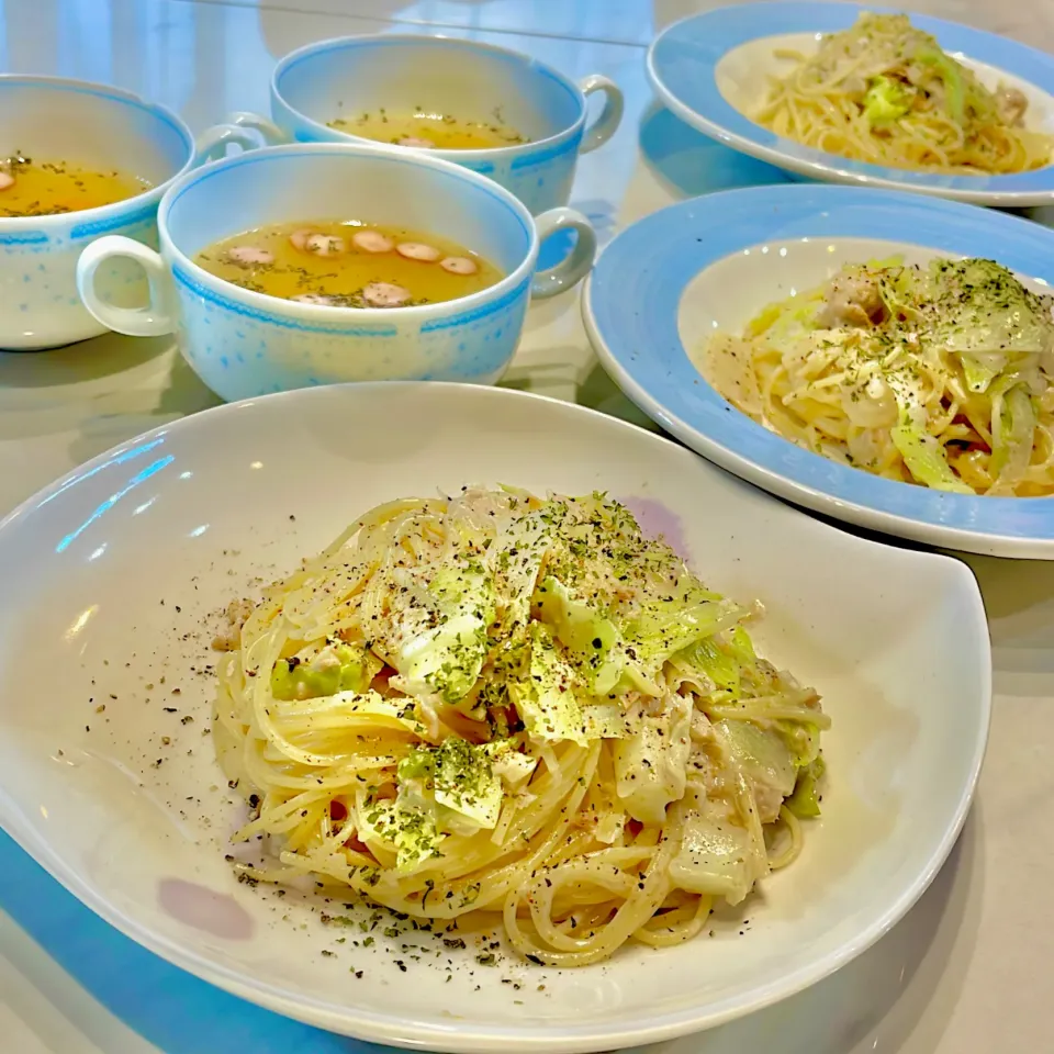 本日のランチ。ツナマヨパスタとスープ|ぎんさん