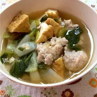 Snapdishの料理写真:厚揚げとチンゲン菜と鶏団子のスープ|KAORUNSHEEPさん