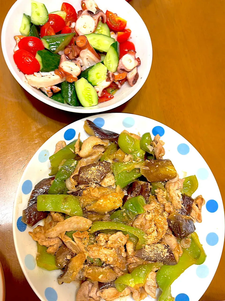 タコのマリネと豚肉と茄子とピーマンの和風炒め|masaさん