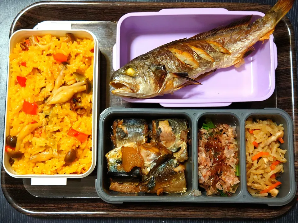 今日の手作り弁当は、スペイン風炊き込みご飯の焼魚・煮魚弁当。

献立は、
・スペイン風炊き込みご飯
・イシモチの塩焼き
・アジとサバの煮付け
・小松菜のおひたし
・切り干し大根|Mars＠釜飯作り研究中さん