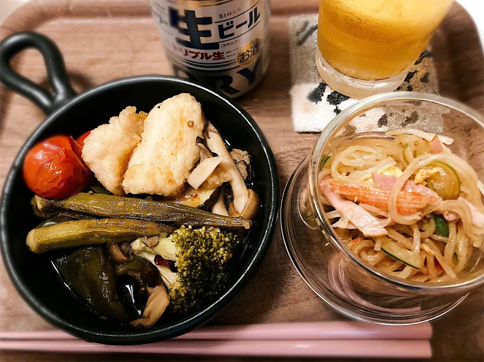 夏野菜と鶏胸肉の焼き浸し🥒🍅🫑🥦春雨サラダ🥗|gunlove❤さん