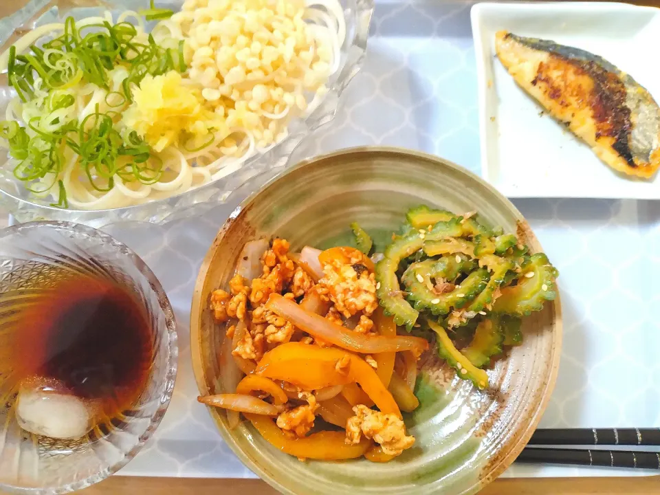 焼き魚
和風だしおかかゴーヤ炒め
鶏ミンチのケチャップ炒め
太めそうめん|さゆさん