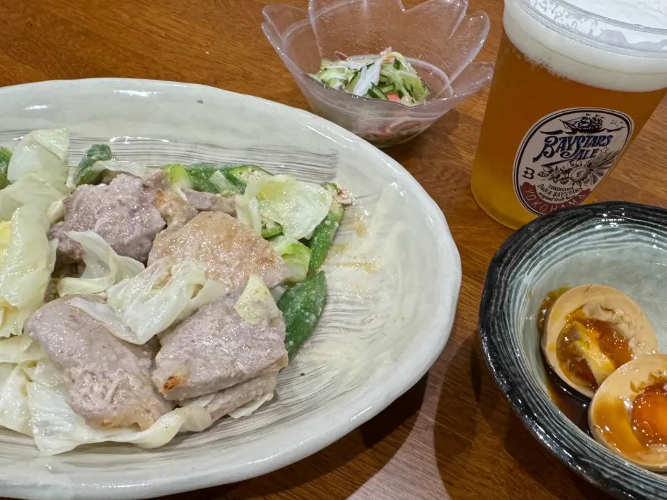 生ビールと つぶ味噌料理で晩ご飯|sakuramochiさん