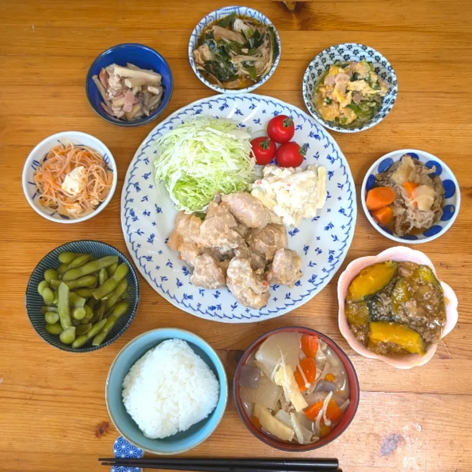 晩ごはん🥢鶏唐チリマヨソース和え＆かぼちゃのとろっとそぼろあん|まゆめろさん