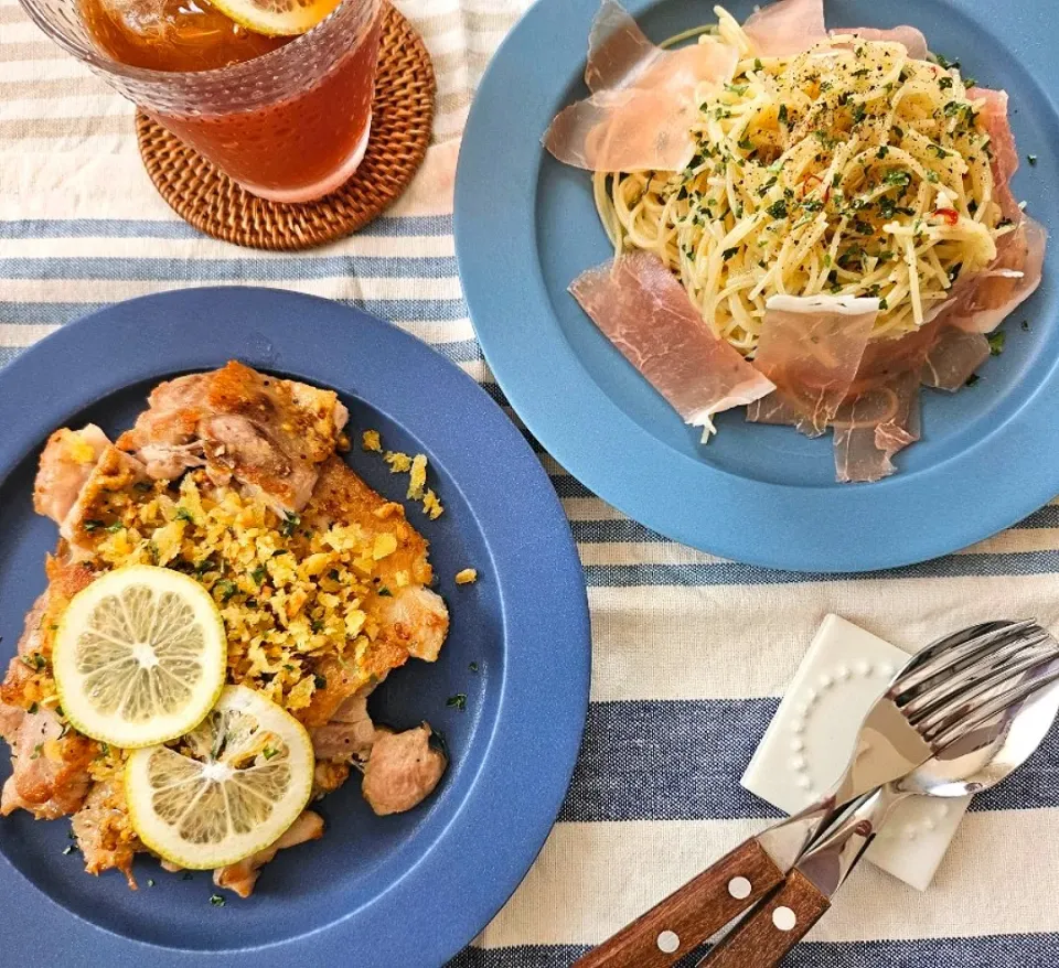 冷製ペペロンチーノ&鶏もも肉のパン粉焼き|emiさん