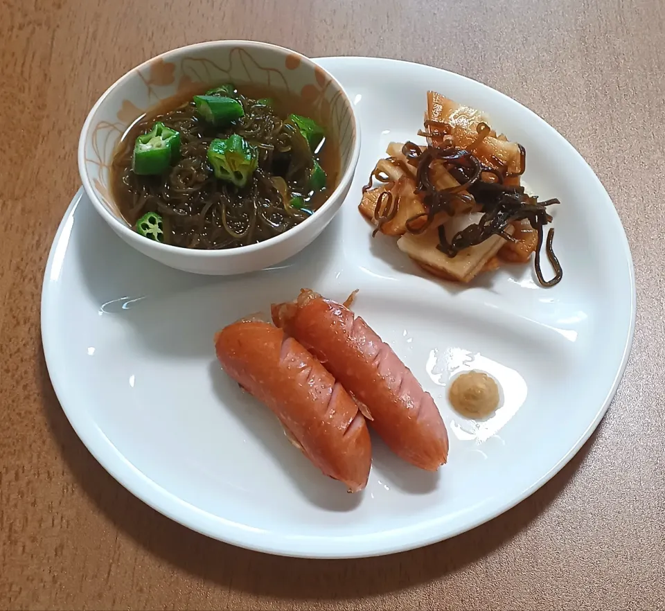 オクラとメカブのトロ和え
大根の塩昆布浅漬け
フランクフルト
ご飯🍚|ナナさん