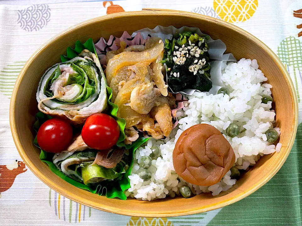 Snapdishの料理写真:豚肉の白菜ロール、豚肉の金山寺味噌焼の豆ご飯🍱|なお🅿️さん