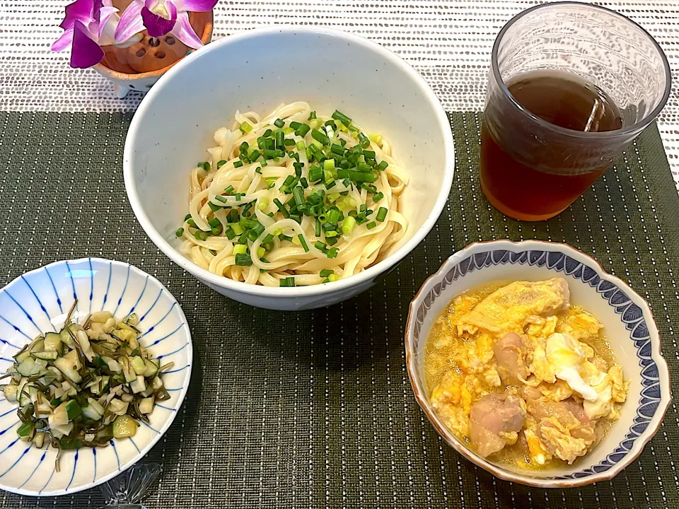 お昼ごはん　冷やしうどん　だし　鶏肉卵とじ|blue_bird07さん