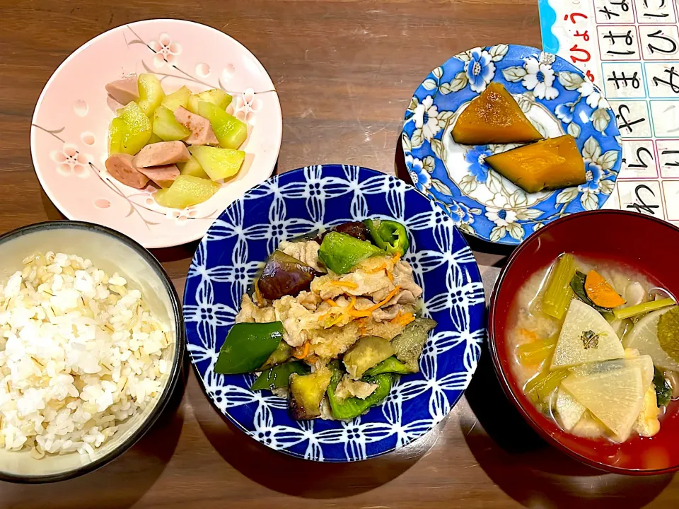 豚バラと茄子ピーマンのみぞれ煮　あまり野菜の味噌汁　かぼちゃのカレー煮　お化けきゅうりと魚肉ソーセージの中華炒め|おさむん17さん