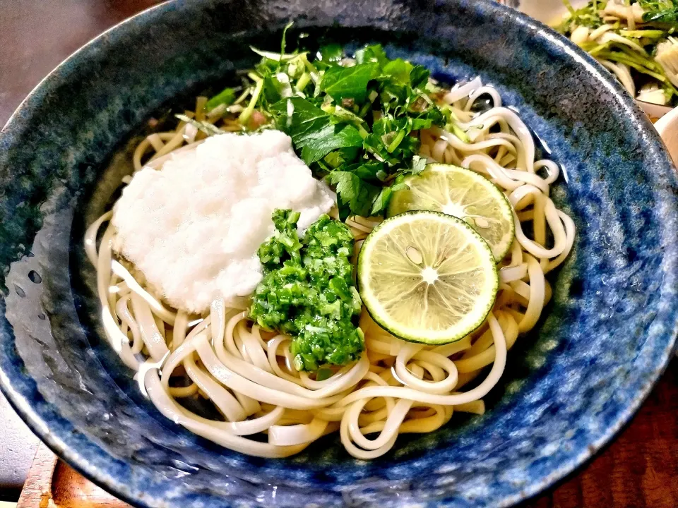 お盆のお供え　精進料理
かぼすの冷やしうどん(かぼす・たたきオクラ・たたきとろろ・5種薬味）|vege食堂さん