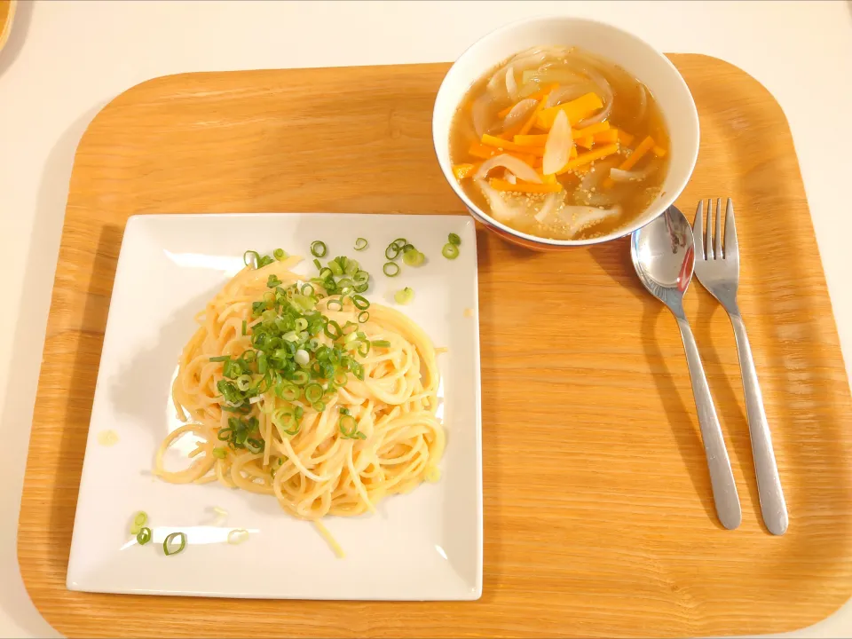 今日の昼食　明太豆乳パスタ、餃子スープ|pinknari🐰🌈さん