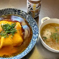 Snapdishの料理写真:カニカマ入り 餡たっぷり天津飯&手羽先のスープ|ブンタさん