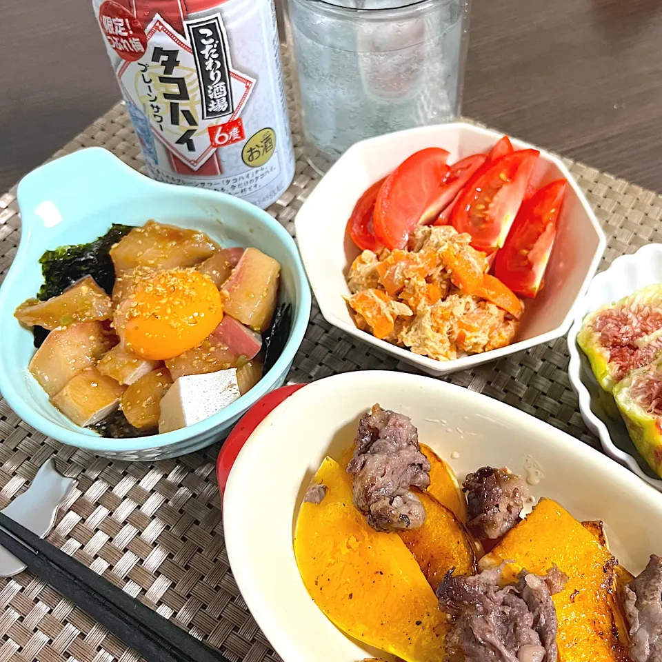 Snapdishの料理写真:8/17晩酌：漬け鰤、グリルバターナッツかぼちゃ|ななみんさん