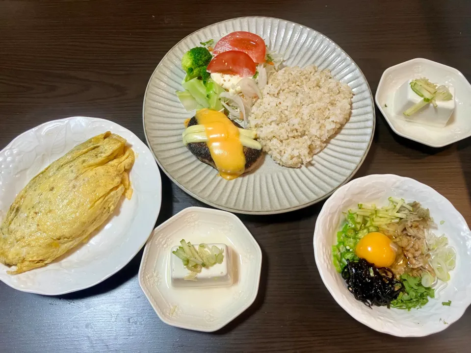 ⚫︎ドンキー風のチーズバーグデッシュ
⚫︎麻婆茄子とご飯のオムライス
⚫︎納豆卵
⚫︎冷奴|tatsuponさん