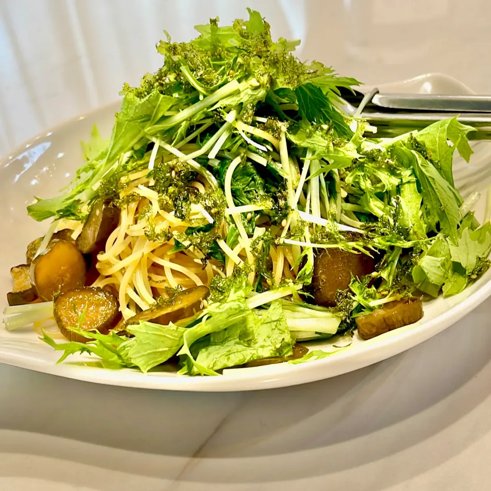 胡瓜の佃煮と水菜の和風パスタ|ぎんさん