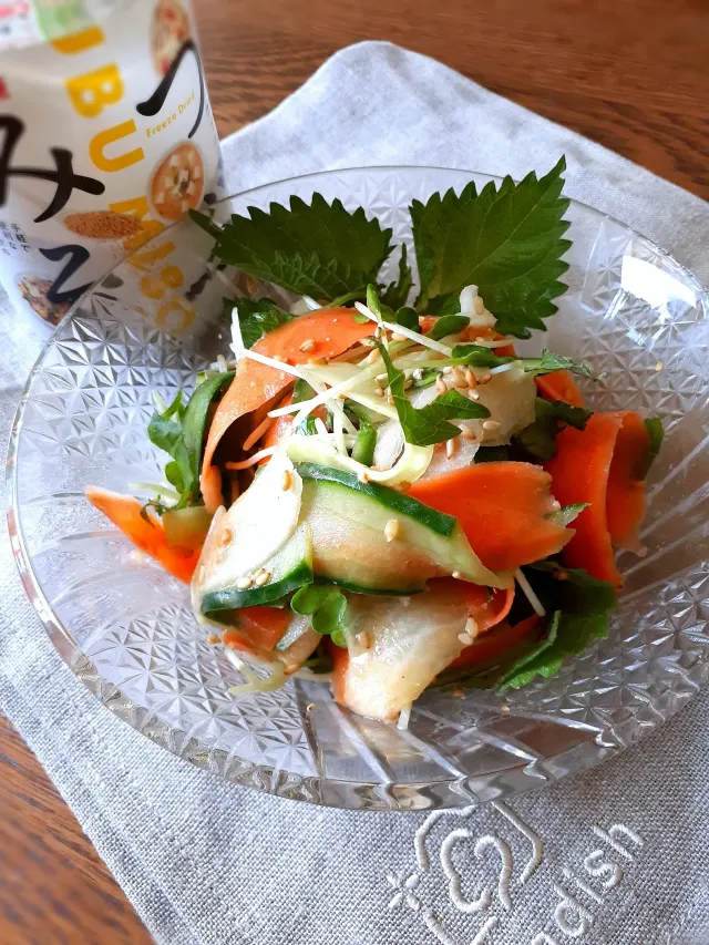 Snapdishの料理・レシピ写真:夏のつぶみそ料理🌻⑫
ピーラー野菜の酢みそ和え🥒🥕｜★防災月間特別企画＆永久保存版★非常時でもパッと作れる！【つぶみそ】アイディア料理大公開