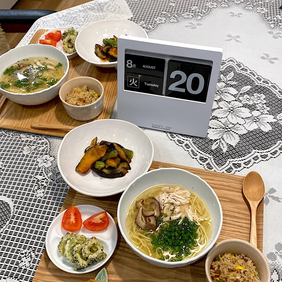 自家製スープで塩ラーメン、野菜揚げ浸し|papinさん