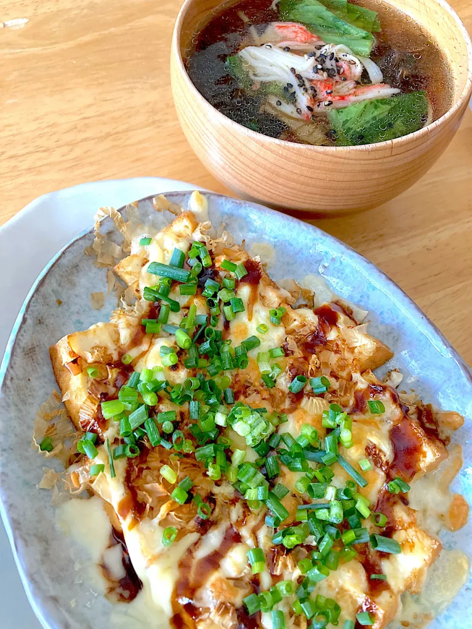 厚揚げのチーズお好焼き風&モズクスープ|さくたえさん