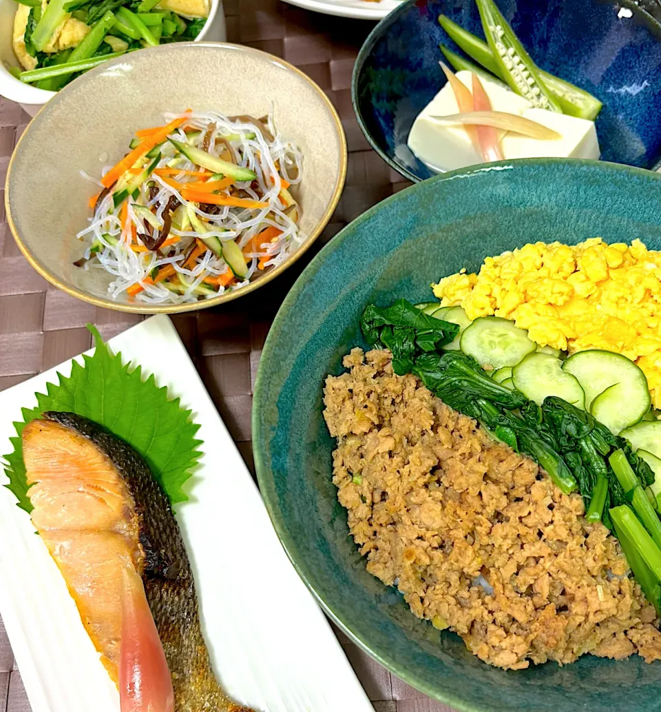 ダイズラボ第２回戦三色丼､焼き鮭､春雨サラダなど|にゃっきさん