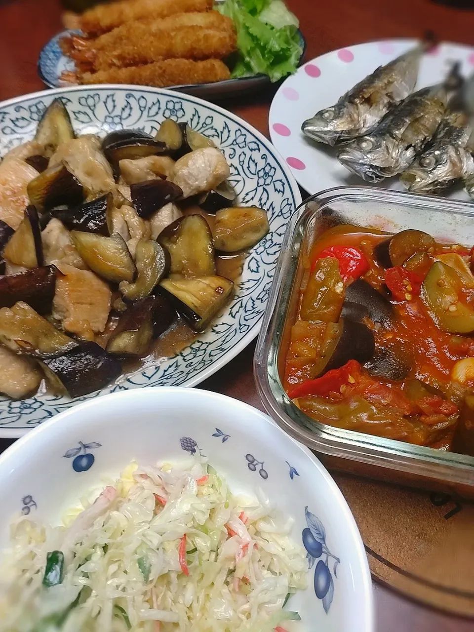 鯵丸干し
茄子と鶏むね肉の甘酢炒め
ラタトゥイユ
コールスローサラダ
海老フライ|しゅがーさん