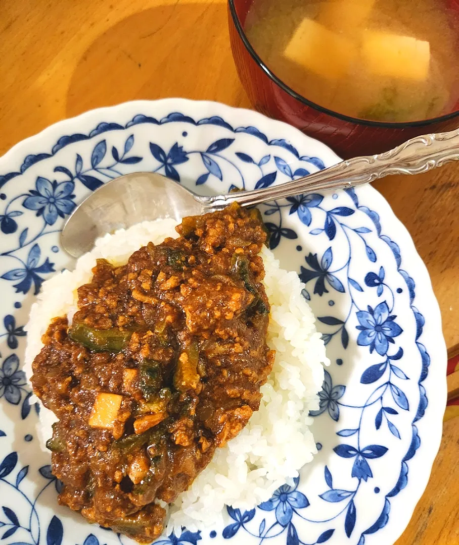 ゴーヤキーマカレー、わかめと豆腐の味噌汁|さきさん