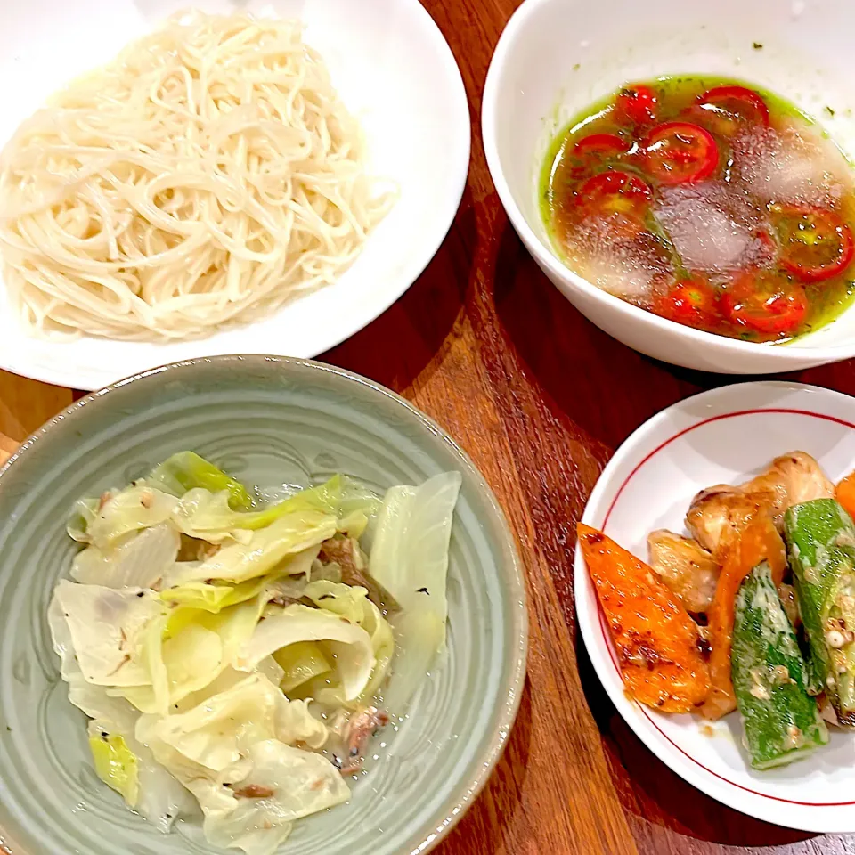 そうめん　鶏むねオクラ　鯖キャベツ|とゆあさん