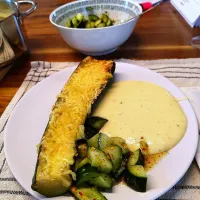 Snapdishの料理写真:Backed zucchini with cheese, patatoe purée and cucumber salad|Vera Andrianova Forwerkさん