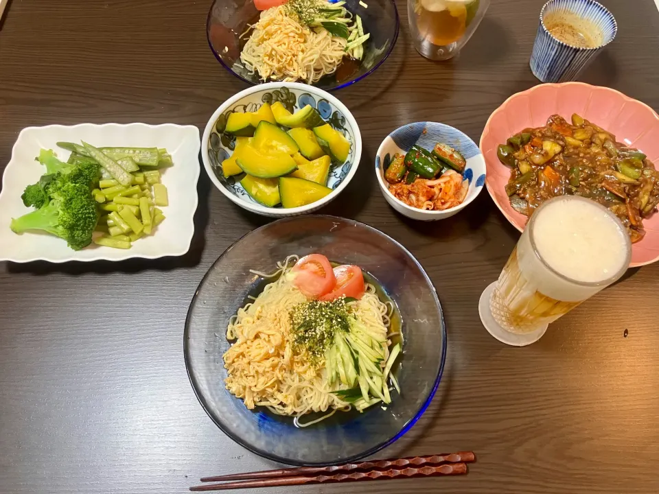 ⚫︎冷やし中華
⚫︎麻婆茄子
⚫︎蒸しかぼちゃ
⚫︎蒸したブロッコリー、アスパラガス、オクラを手作りゴマドレッシングで
⚫︎白菜・胡瓜のキムチ(店買い)
⚫︎ビール|tatsuponさん