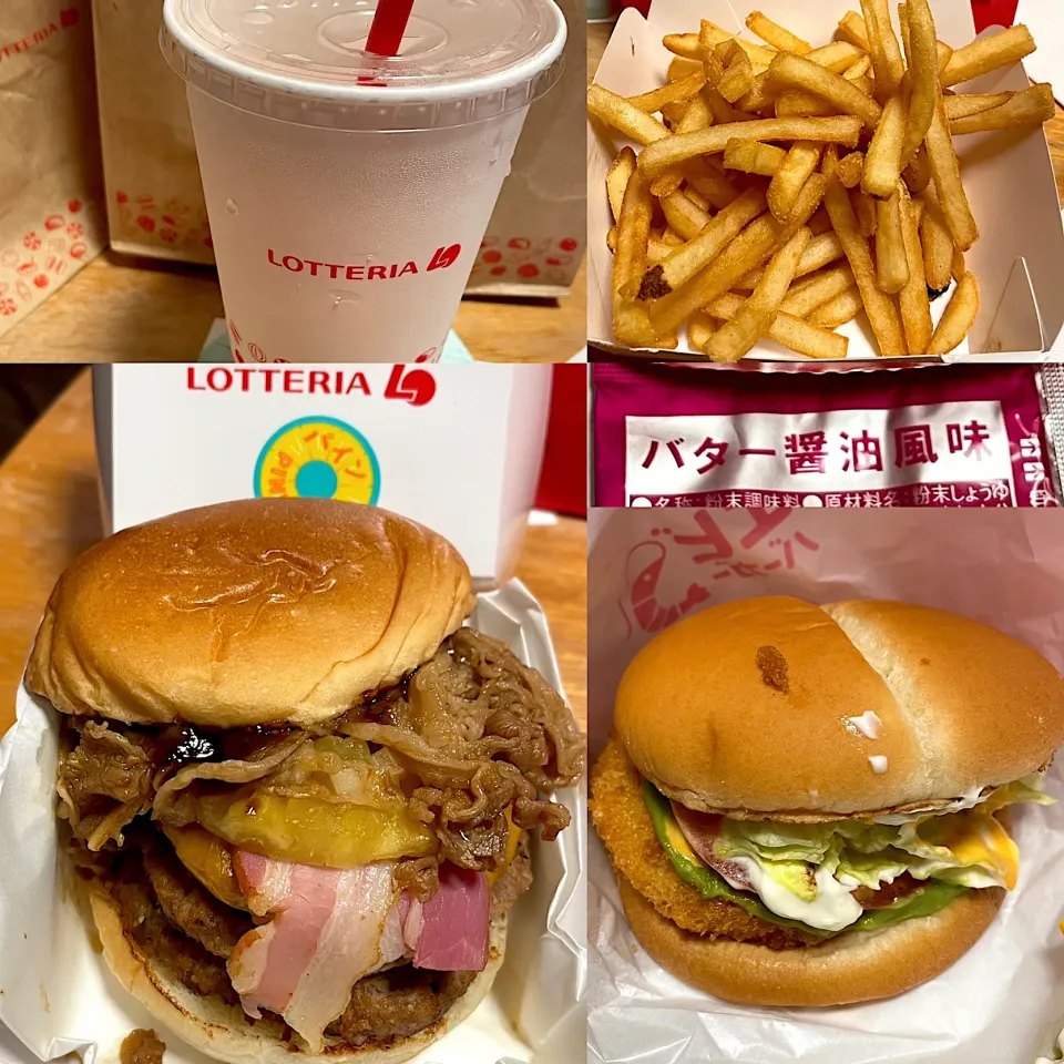 Snapdishの料理写真:キング牛カルビBBQパイン🍍絶品チーズバーガー🍔🧀　ふるポテ🍟　ハワイアンアボカド🥑エビ🦐バーガー🍔　　セブンアップ🥤|るみおんさん