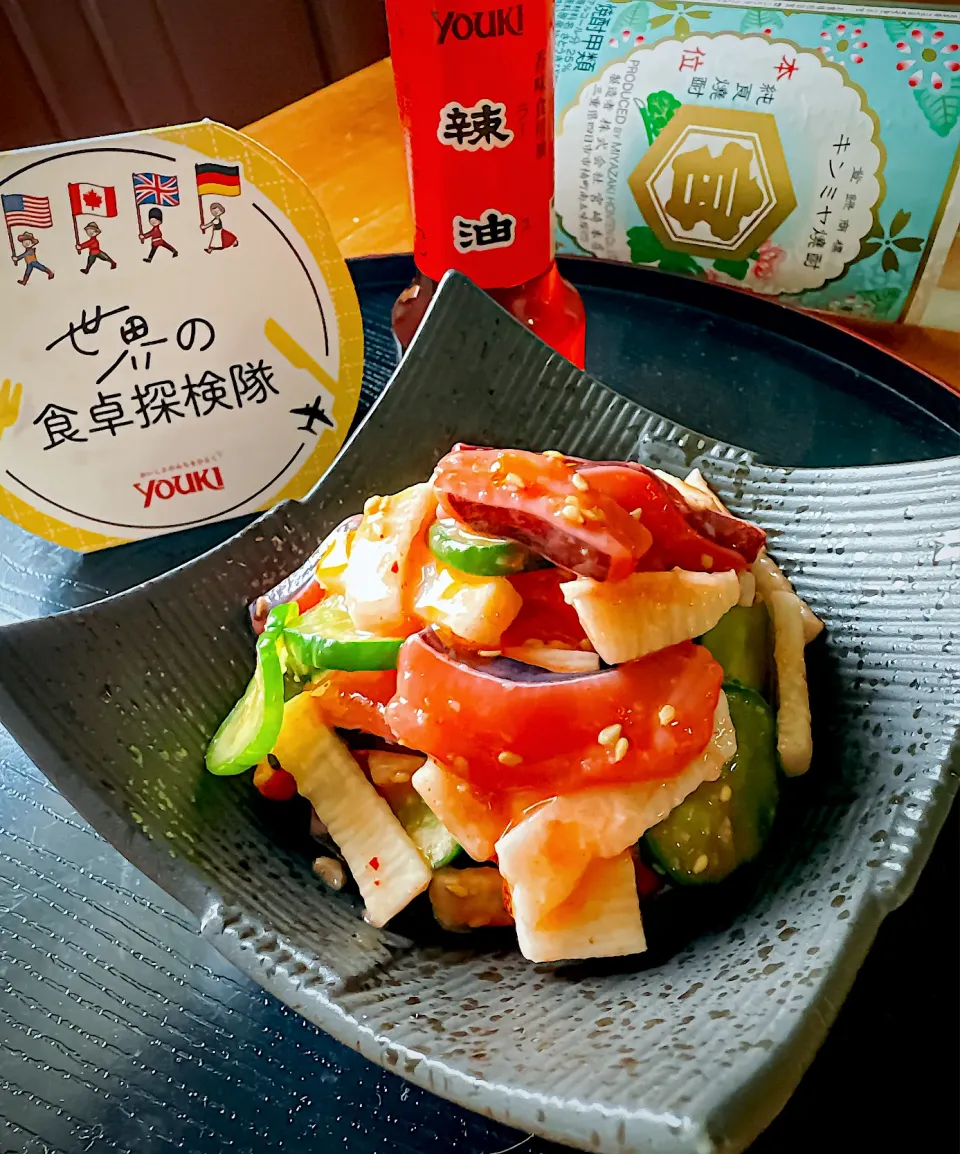 Snapdishの料理写真:きゅうり🥒がめちゃパリパリする下拵えでピリ辛いか明太和え|にゃんぺこさん