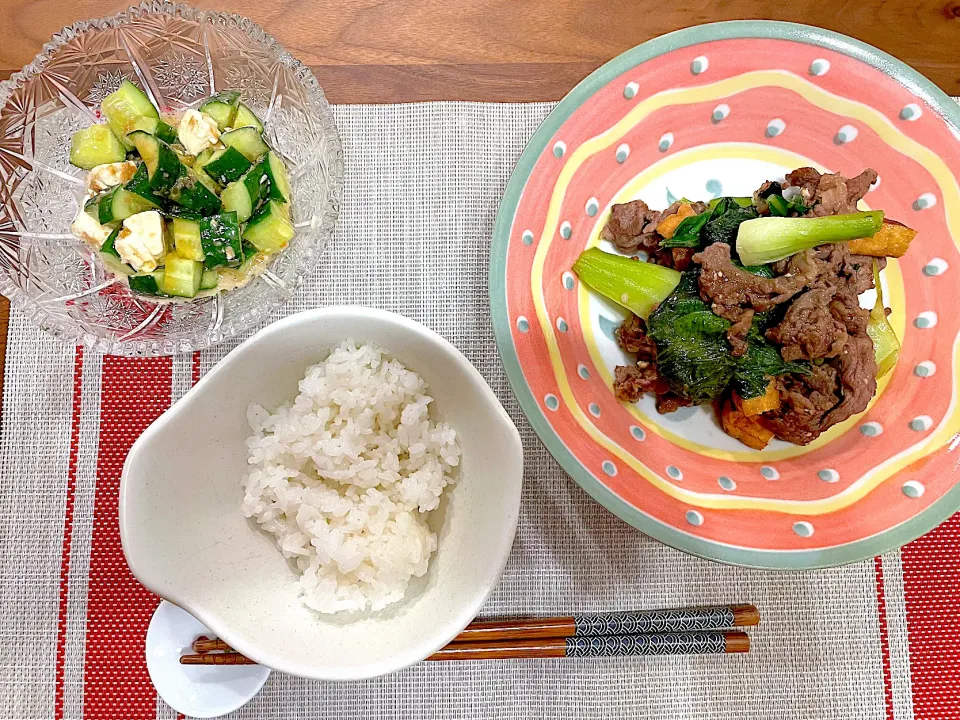 牛肉とチンゲンサイのオイスター炒め・きゅうりとチーズのおかか和え|MARIKOさん