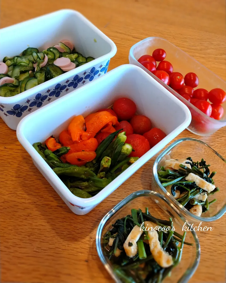 Snapdishの料理写真:☆常備菜☆空芯菜とお揚げの炊いたん、夏野菜出汁漬け、きゅうりと魚ニソの酢の物、ミニトマト（洗っただけ）|kinocooさん