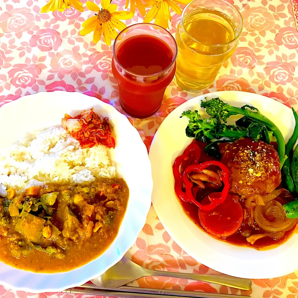 Snapdishの料理写真:今日は、肉の日29日💦ハンバーグステーキと夏野菜スパイスカレーの朝ご飯💦|HAMI69さん