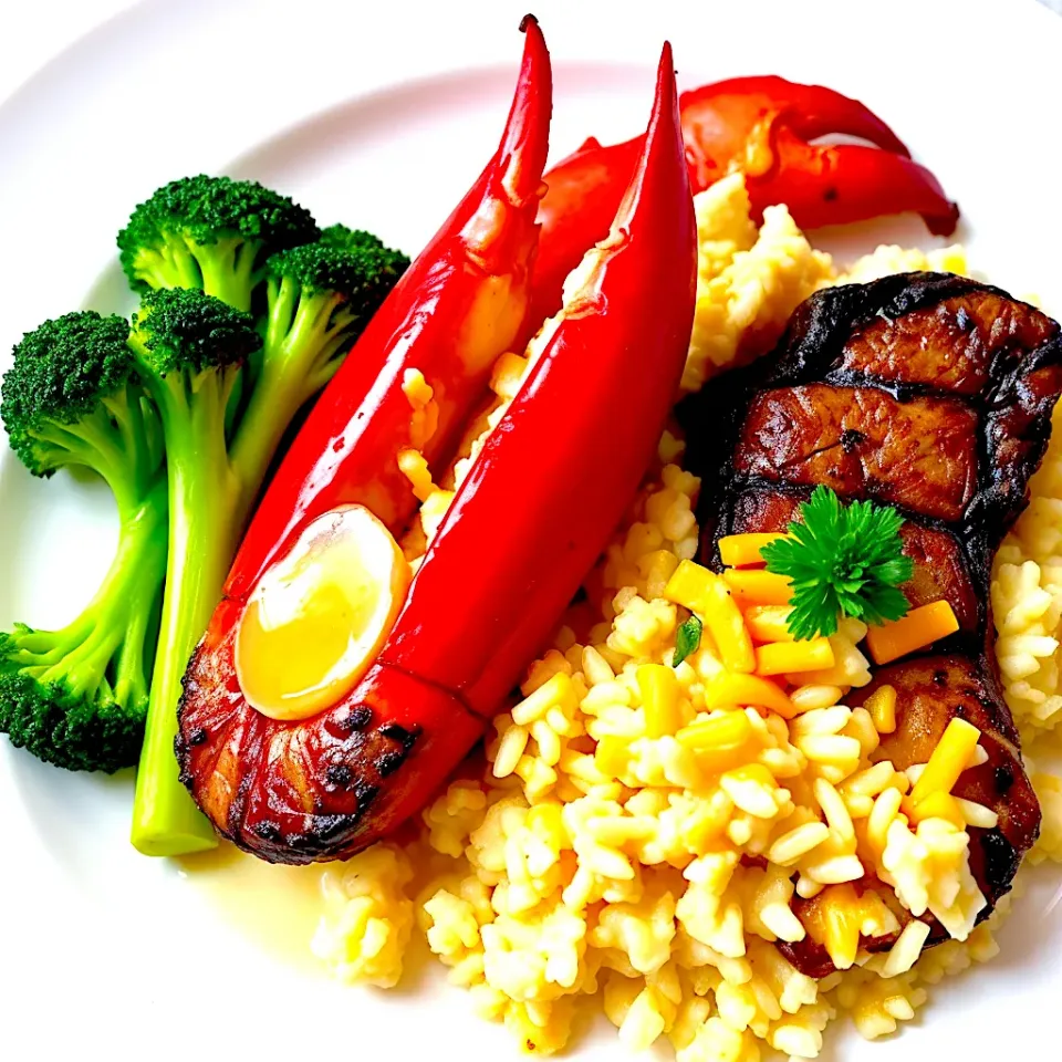 Teriyaki Steak, lobster, broccoli wait rice, and cheddar cheese|Kareem Boogieさん