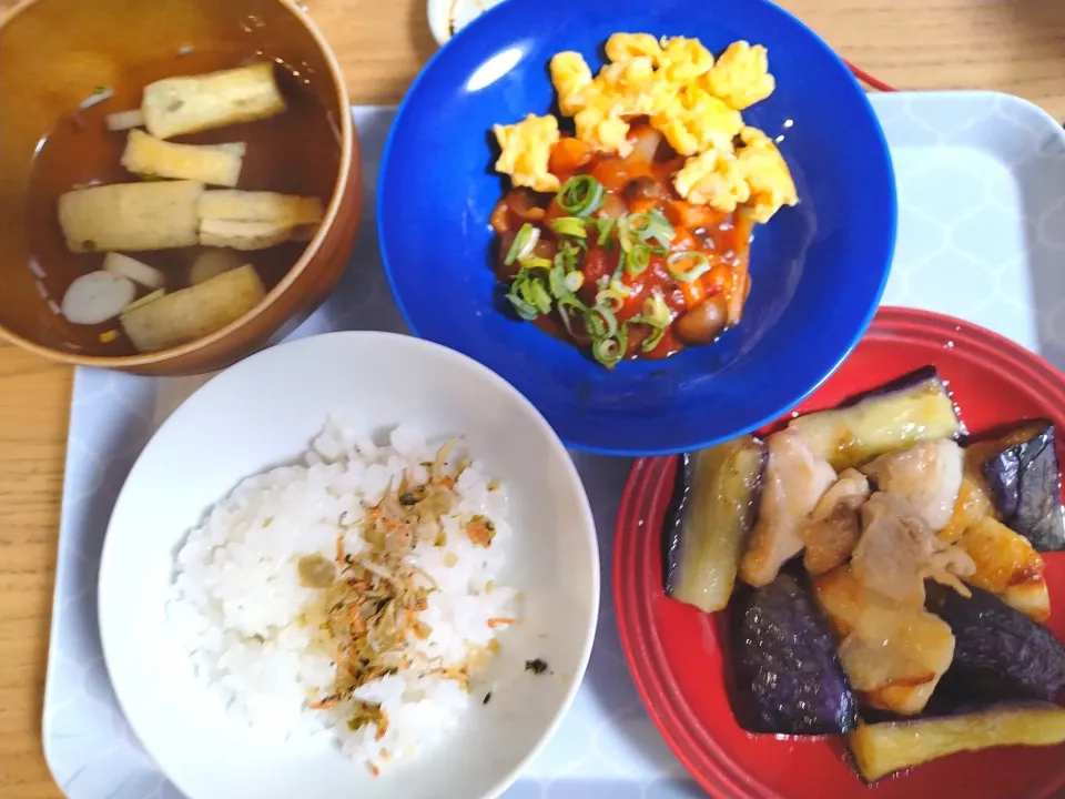 いかチリ
鶏肉と茄子の甘酢
お吸い物|さゆさん