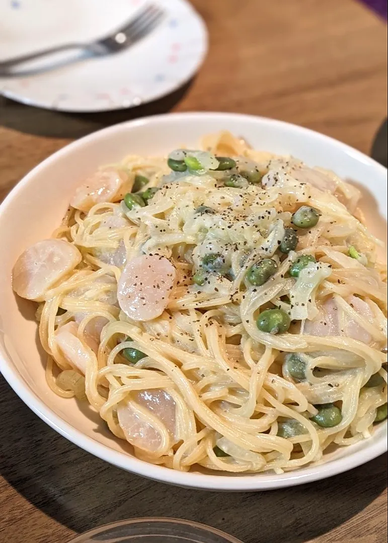 ホタテと枝豆のクリームパスタ|あぼちさん