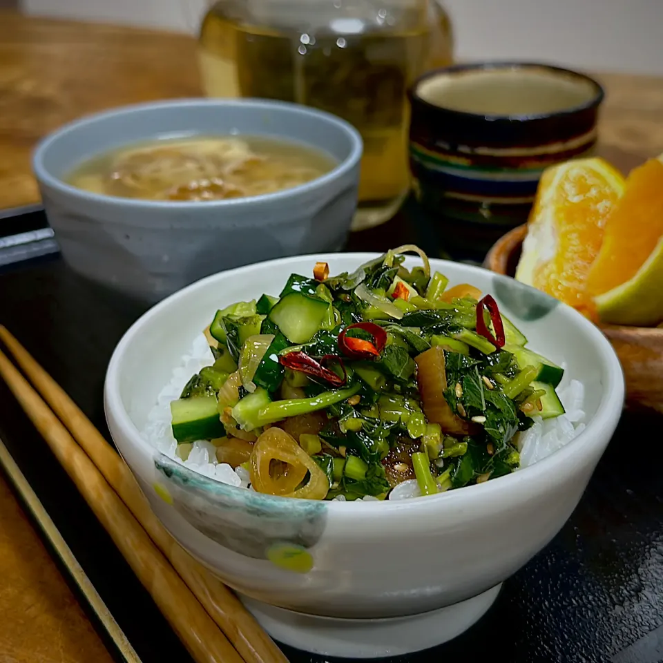 くまちゃんさんの料理 モロヘイヤときゅうりのらっきょう醤油漬け和えをご飯にぶっかけて|くまちゃんさん