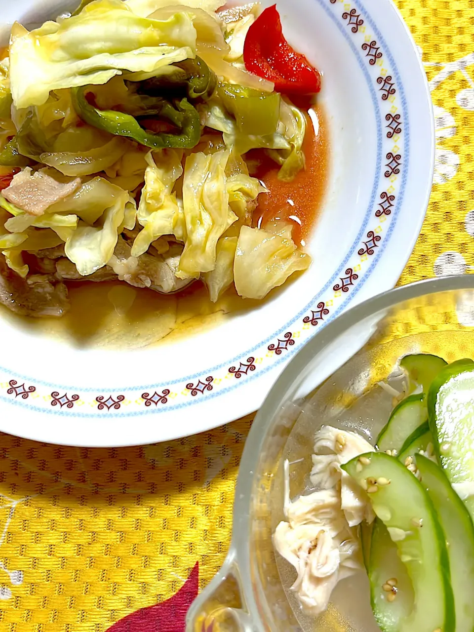 回鍋肉風野菜炒め　ササミと胡瓜🥒の酢の物|4jinoanataさん