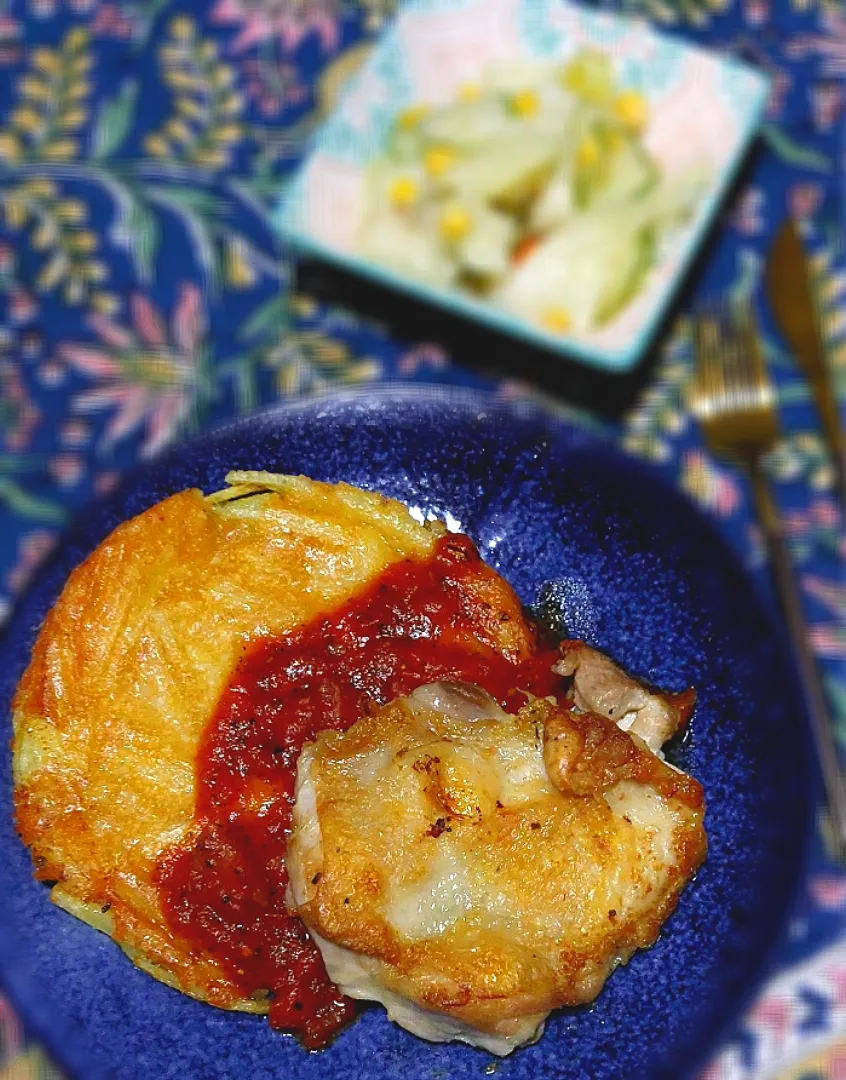 じゃがいものチーズ焼とパリパリチキン|きつねさん