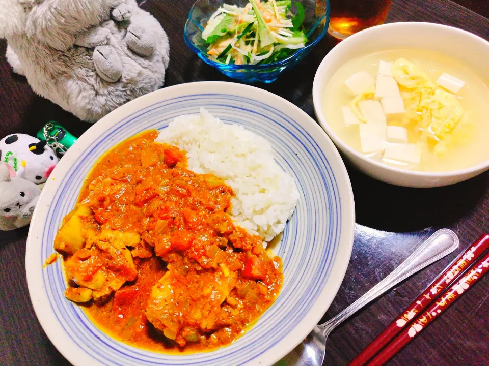 タンドリーチキンカレー、豆腐とネギと卵のスープ、野菜サラダ|サトリさん