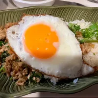 Snapdishの料理写真:ガパオライス(ホーリーバジルがないのでイタリアンバジルとパクチーの茎とルッコラで代用)|ochihekoさん