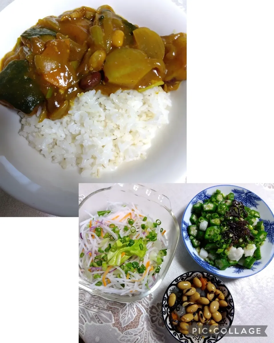 豚豆野菜カレー、野菜残りと生協オクラ長芋の塩昆布めんつゆ味の。|m.rafuさん