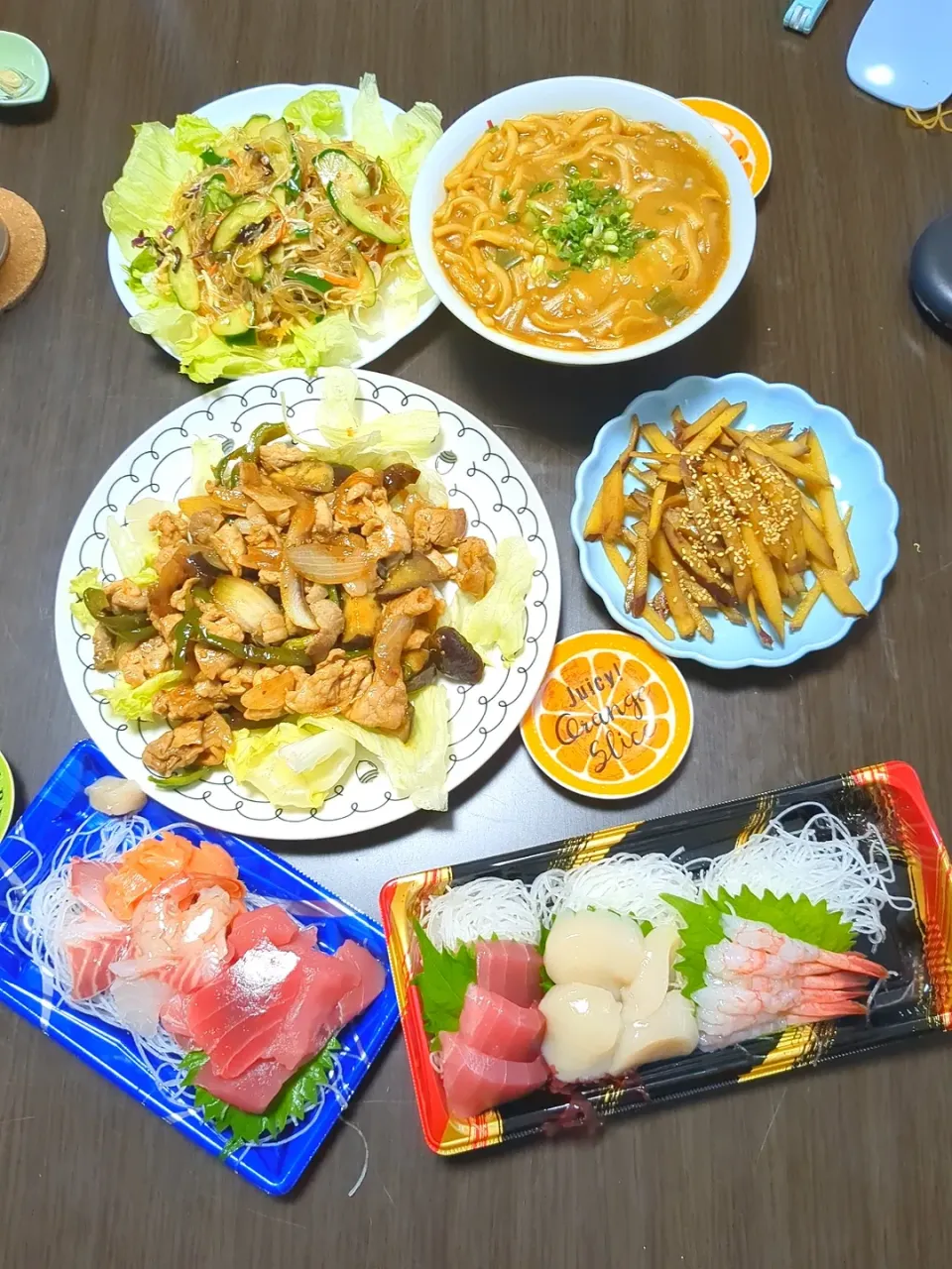 刺し身焼肉春雨サラダ大学芋、カレうどん|あっちゃんさん