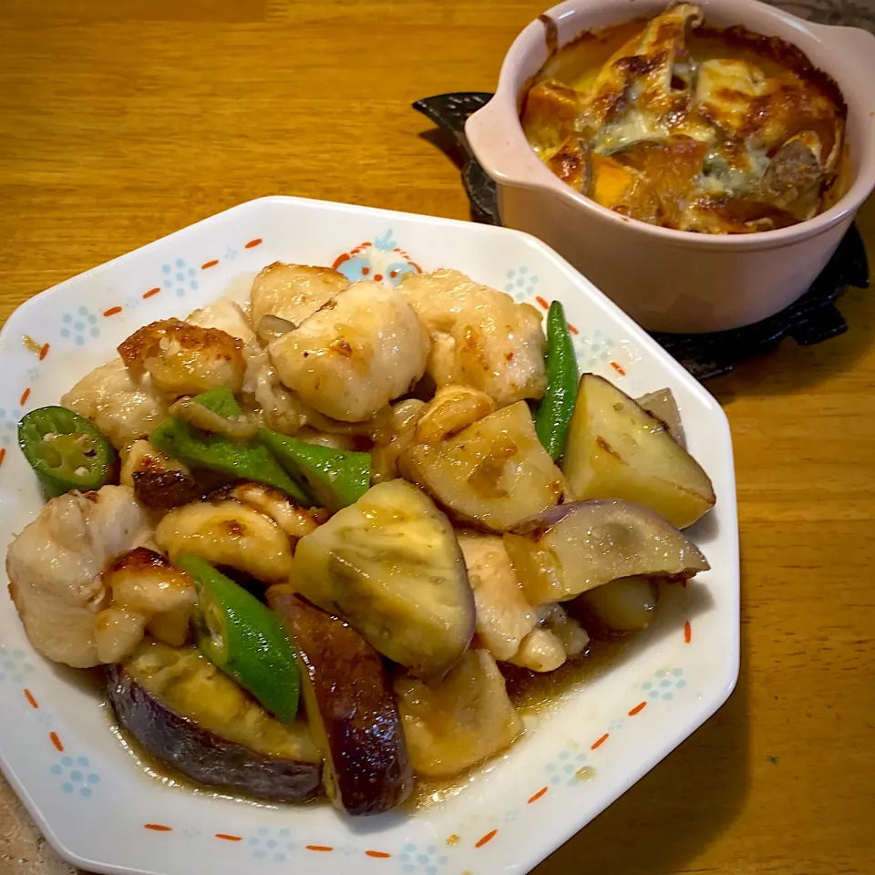 なすと鶏肉の焼きびたしと、かぼちゃと椎茸のチーズ焼き|もえさん