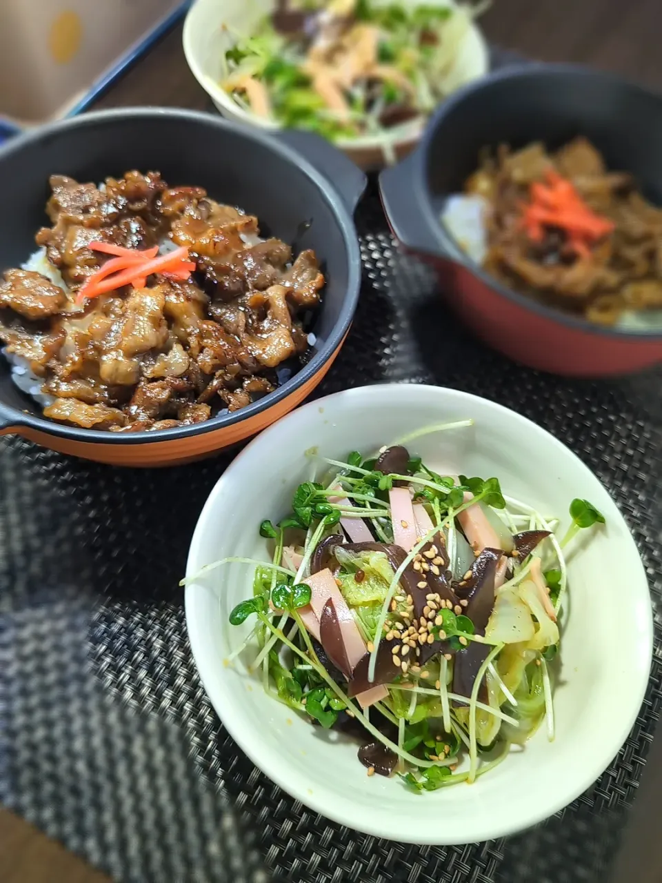 焼き肉丼＆キクラゲと白菜とカイワレのサラダ|テケテケさん